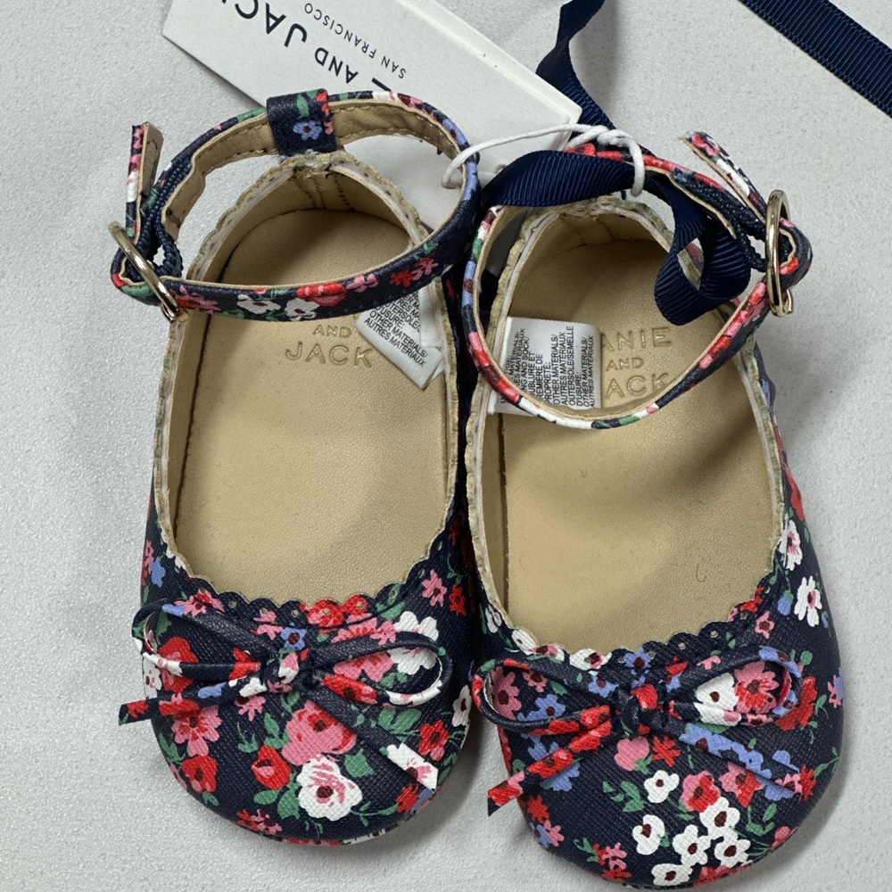 Janie and Jack Blue and Red Dress Shoes with Floral Print, 3-6 months